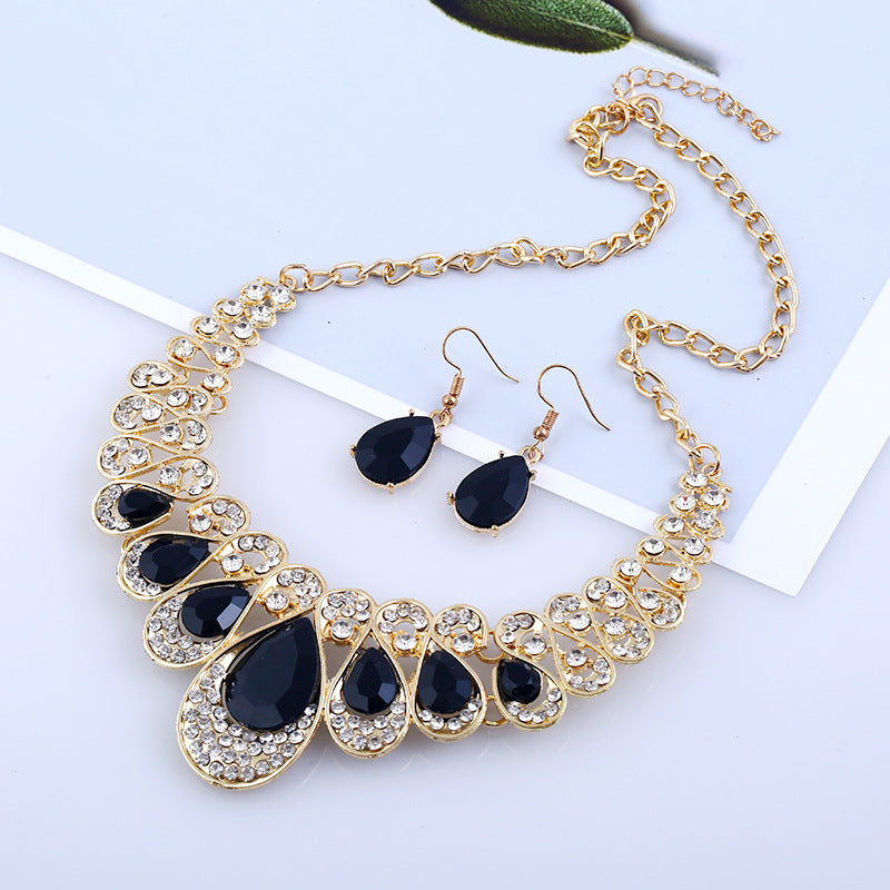 Wholesale Metal Sparkling Diamond Water Drop Gem Necklace Earrings Set